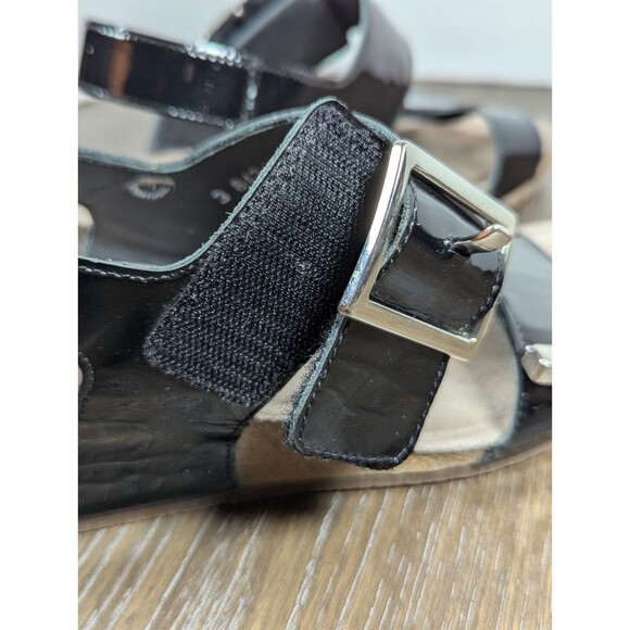MEPHISTO Patent Leather Strap Sandals US 6.5-7 EU 37 Black Wedges Buckle Logo - Picture 12 of 14